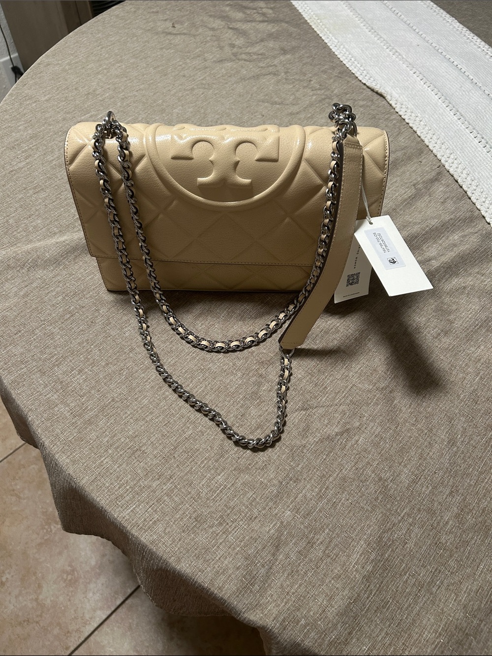 Tory Burch Beige Quilted Leather Shoulder Bag with Silver Chain